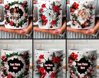 3D Loch in einem Wandbecher, Weihnachtskaffeetasse Sublimationsdesign für 11 Unzen und 15 Unzen Tassen, festlicher digitaler Download, Risswand Urlaub Vorlage