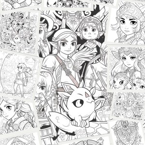 May include: A collection of black and white coloring pages featuring characters from the Legend of Zelda video game series. The pages include Link, Zelda, Ganondorf, and other characters from the games.