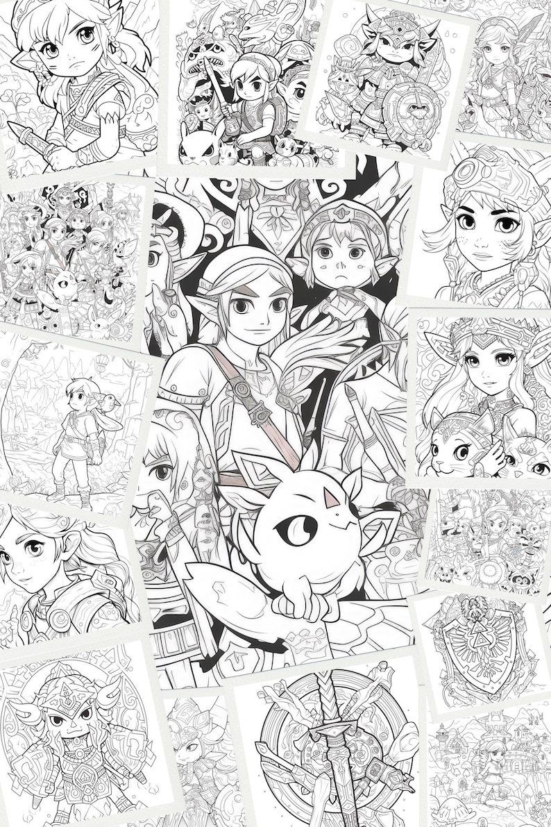 May include: A collection of black and white coloring pages featuring characters from the Legend of Zelda video game series. The pages include Link, Zelda, Ganondorf, and other characters from the games.