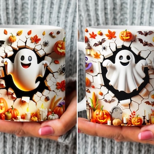 3D Halloween Ghost Mug Wrap, Halloween Mug Gift Png, 11 oz & 15 oz Spooky Season Mug Bundle Sublimation Wrap, Halloween Coffee Cup Design
