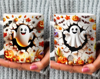 Decorazione per tazza con fantasma 3D di Halloween, design a sublimazione per la stagione spettrale (PNG)