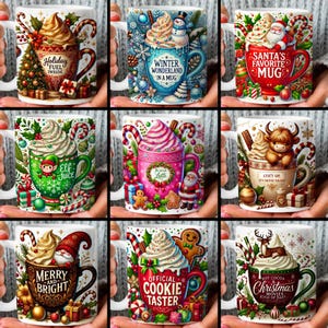 May include: Set of 10 Christmas themed coffee mugs with various designs. The mugs feature winter scenes, holiday characters, and festive sayings like "Holiday Fuel Inside", "Winter Wonderland in a Mug", "Santa's Favorite Mug", "Elf Juice", "Fa La La Latte", "Cozy Up It's Movie Night", "Merry and Bright", "Official Cookie Taster", and "Hot Cocoa Christmas Movies Kind of Day!"