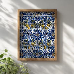 Hand Painted Azulejo Olive Branch Poster, Blue Floral Artwork, Mediterranean Portuguese Summer, Spanish Tile Pattern, Gift for Food Lovers