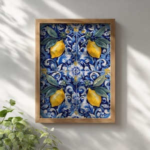 Azulejo Portuguese Tile Poster | Blue and Yellow Lemon Art | Mediterranean Kitchen Print