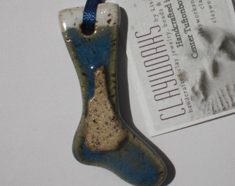 Blue Stoneware Stocking Ornament with New Hampshire Silhouette