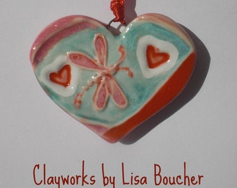 Porcelain Dragonfly Heart Pendant or Ornament