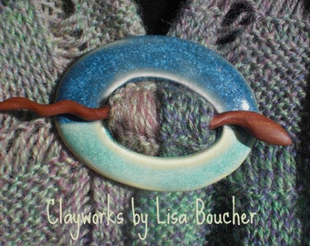 Porcelain Shawl Pin with Handcrafted Brazilian Redwood Stick