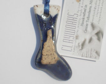 Cobalt Blue Stoneware Stocking Ornament with New Hampshire Silhouette