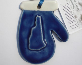 Large Blue Porcelain New Hampshire Silhouette Mitten Ornament