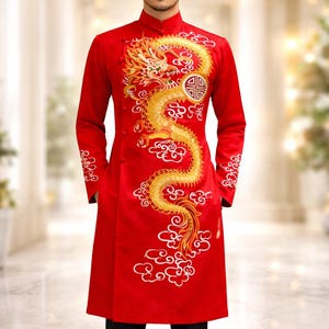 Ao Dai rojo: Vestido largo vietnamita con dragón bordado #MP115.5