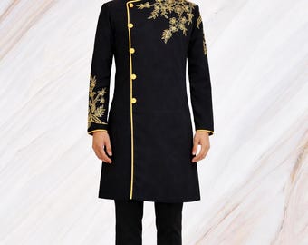 Black Ao Dai With Gold Embroider  Elegant, Vietnamese Dress for Men #MP252