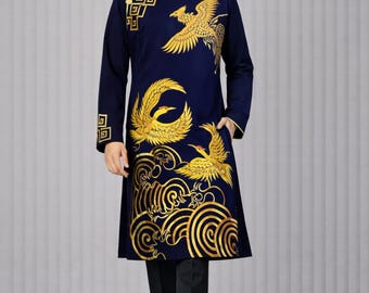 Navy Blue Embroidered Ao Dai For Men, Vietnamese Long Dress #MP120