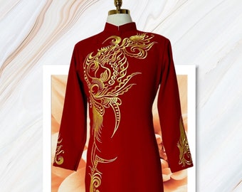 Red Embroidered Ao Dai Vietnamese Man Long Dress Ao Dai