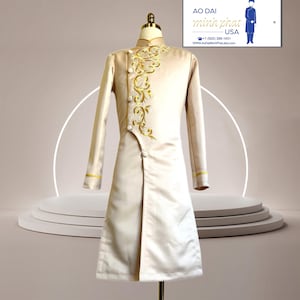 Cream Embroidered Ao Dai - Vietnamese Long Dress for Men #MP107