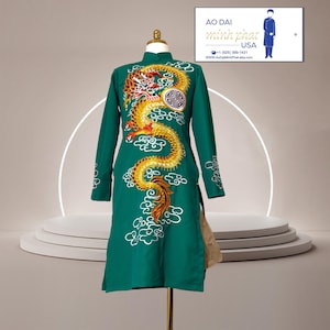 Green Ao Dai for Men, Embroidered Vietnamese Traditional Long Dress for Men, Ao Dai Chu Re, Ao Dai Nam. No pants