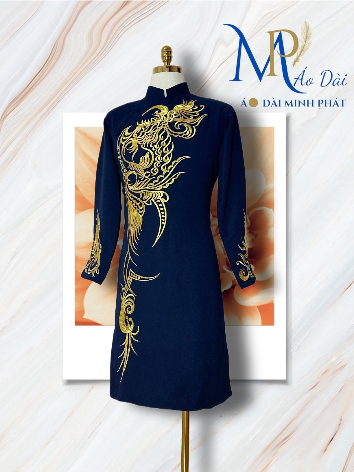 Navy Blue Embroidered Ao Dai Vietnamese Man Long Dress Ao Dai