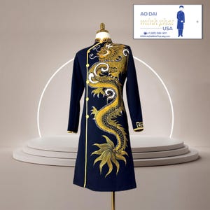 Dark Blue Ao Dai for Men, Vietnamese Gam Long Dress for Men