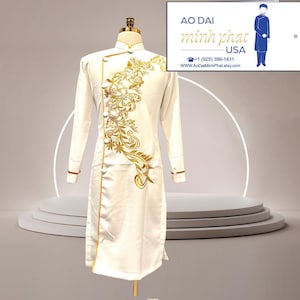 White Ao Dai for Men, Embroidered Vietnamese Traditional Long Dress for Men, Ao Dai Chu Re, Ao Dai Nam. No pants