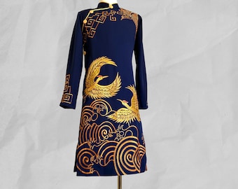 Navy Blue Embroidered Ao Dai Vietnamese Man Long Dress Ao Dai #1408
