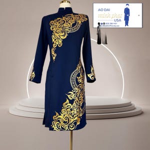 Navy Blue Hand Painted Vietnamese Traditional Long Dress for Men, Ao Dai Chu Re, Ao Dai Nam. No pants #1415