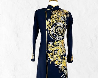 Robe longue vietnamienne brodée Ao Dai noire Ao Dai