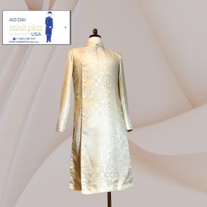 Cream Ao Dai For Men. Men’s Vietnamese Áo Dài – Champagne Brocade Sophisticatio