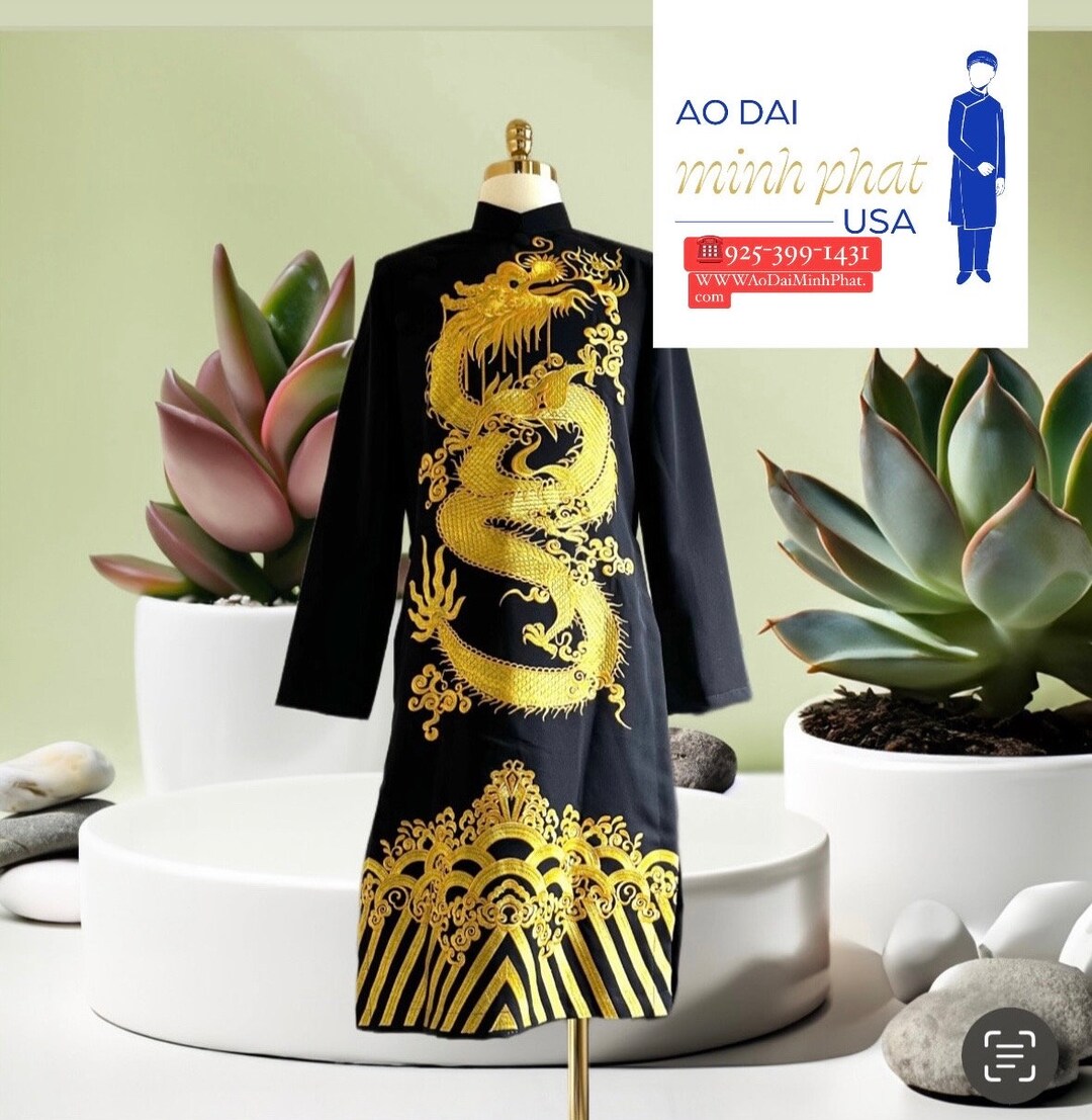 Men's Ao Dai - Yellow Dragon Pattern Printed Ao Dai