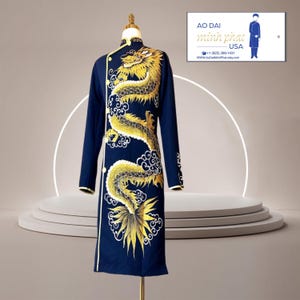 Navy Blue Dragon Ao Dai for Men, Hand Painted Vietnamese Traditional Long Dress for Men, Ao Dai Chu Re, Ao Dai Nam ,Ao Dai Men No Pants 1422
