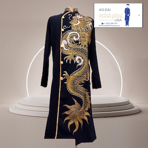Black  Dragon Ao Dai for Men, Hand Painted Vietnamese Traditional Long Dress for Men, Ao Dai Chu Re, Ao Dai Nam ,Ao Dai Men No Pants