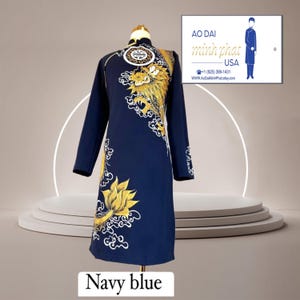 Navy Blue  Ao Dai Vietnamese Man Hand Painted Dragon Ao Dai Long Dress