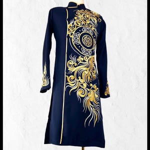 Navy Blue Embroidered Ao Dai Vietnamese Man Long Dress Ao Dai