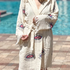 Bathrobe for Women, Evil Eye Robe, Yoga Robes, Organic Cotton Robe, Hoodie Bath Robe, Muslin Soft Robe, Natural Beachwear, Boho Bathrobe