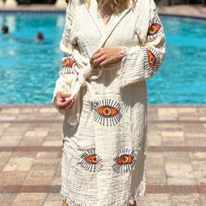Bathrobe for Women,Evil Eye Robe, Yoga Robes, Organic Cotton Robe, Hoodie Bath Robe, Muslin Soft Robe, Natural Beachwear ,Boho Bathrobe
