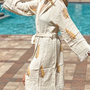 Hoodie Bath Robe, Bathrobe for Women, Organic Cotton Robe, Muslin Soft Robe, Natural Beachwear , Yoga Robes, Boho Bathrobe