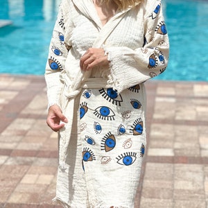 Evil Eye Robe , Natural Beachwear, Organic Cotton Robe, Hoodie Bath Robe, Muslin Soft Robe, Bathrobe for Women, Yoga Robes, Boho Bathrobe