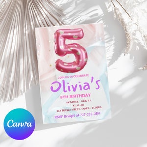 Editable 5th Birthday Invitation Canva Template. Number 5 Girl Birthday Invite Digital Download