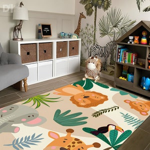 Teppich mit Zootieren, Tierdesign-Teppich, Weicher Teppich, Teppich für Babyzimmer, Kinderzimmerteppich, Geschenk für Kinder, Waschbar