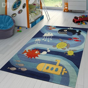 Tiere im Meer, Meeresteppich, Teppich für Kinderzimmer, Babyzimmer Dekor, moderner Teppich, Geschenk für ihn, rutschfester Teppich, waschbarer Teppich