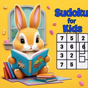 May include: A brown bunny rabbit with pink ears is sitting on a yellow surface and reading a blue book. The bunny is wearing a red collar. The text "Sudoku for Kids" is written in blue and white letters above a 3x3 grid with numbers.