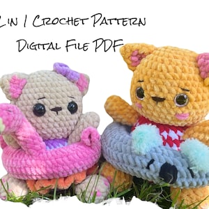 Cat and Kitty with floaties crochet pattern, summer plushie crochet pattern, cat amigurumi pattern