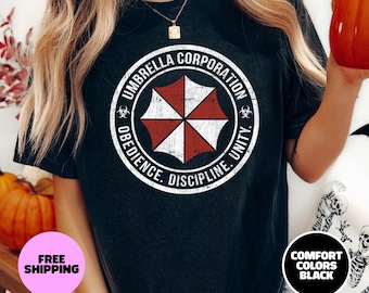 Resident Evil Umbrella Corporation Biohazard Zombie Horror Tshirt Black, Jill Valentine Leon Kennedy Comfort Unisex Garment-Dyed T-shirt