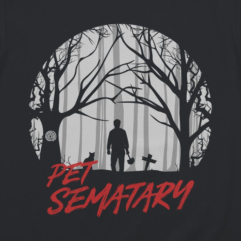 Pet Sematary horror t-shirt. Vintage-style print on black fabric for fans of 80s cult movies.