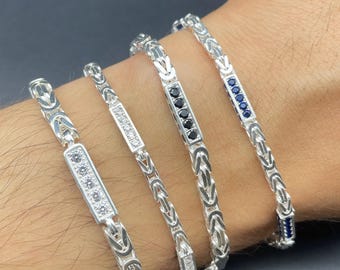 925 Sterling Silver Byzantine Bracelet With Stone Accent - White