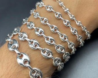 925 Sterling Silver Puffed Chain Bracelet, Anchor Mariner Chain, Mariner Link Chain, Gift for Birthday, Handmade Stamped Chain, Gift for Him