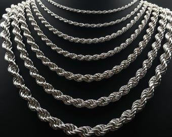 925 Sterling Silver Rope Chain, Rope Chain Necklace, Rope Link Twist Chain, Gift Men Birthday Chain, Thin Women Chain Necklace, Diamond Cut