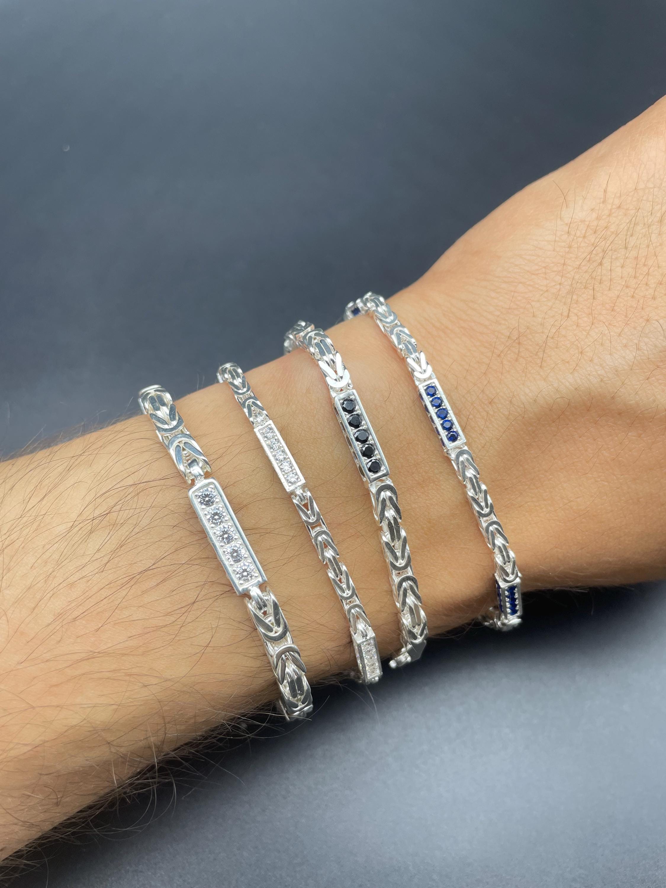 925 Sterling Silver Byzantine Bracelet With Stone Accent - White