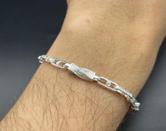 925 Sterling Silver Solid Chain Bracelet, Greek Key Box Chain Bracelet, Greek Key Byzantine Chain Bracelet, Gift for Men, Birthyday Gift Men