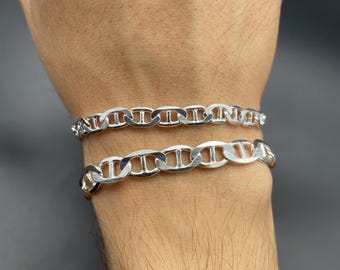 925 Sterling Silver Anchor Chain Bracelet: Mariner Link, Trendy Men&#39;s Jewelry, Handmade Stamped Bracelet