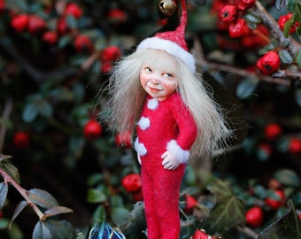 Miniature snow pixie girl with red hat 1:12 dollhouse size by Tatjana Raum