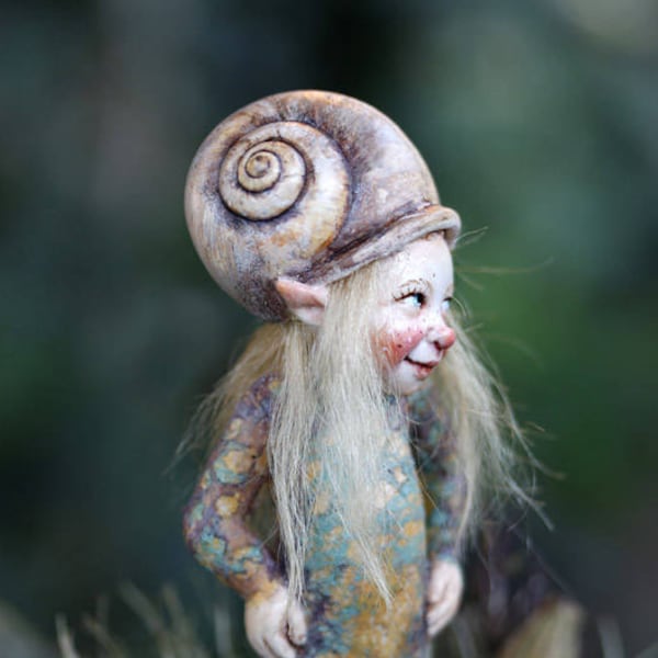 Miniature pixie girl with snail hat 1:12 dollhouse size by Tatjana Raum